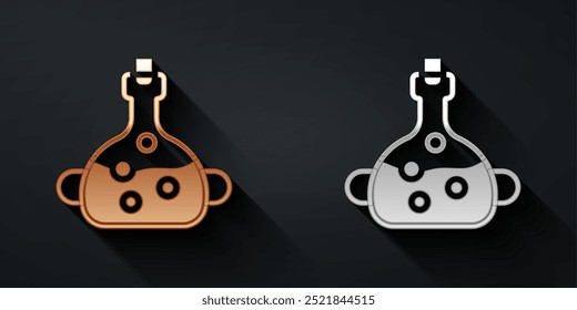 Gold and silver Poison in bottle icon isolated on black background. Bottle of poison or poisonous chemical toxin. Long shadow style. Vector