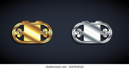 Gold and silver Portable video game console icon isolated on black background. Handheld console gaming. Long shadow style. Vector