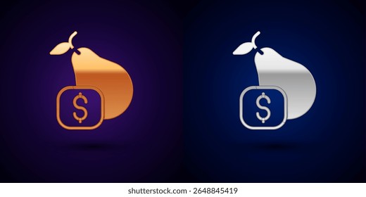 Gold and silver Price tag for pear icon isolated on black background.  Vector