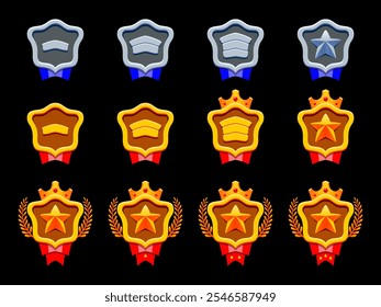 Colección de insignias de oro, plata de rango de progreso. Estilo metálico realista. Estrella, patente, corona, cinta roja y azul, laurel. Logros de nivel plateado dorado. Perfecto para juegos de fantasía y aventura.