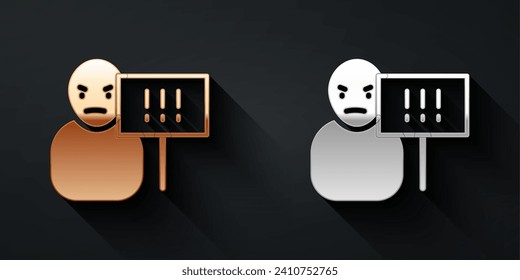 Gold and silver Protest icon isolated on black background. Meeting, protester, picket, speech, banner, protest placard, petition, leader, leaflet. Long shadow style. Vector