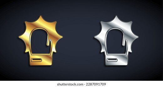 Gold und Silber Strauß in Boxhandschuhen Symbol einzeln auf schwarzem Hintergrund. Boxhandschuhe, die mit Sprengstoff zusammenschlagen. Lange Schattenstil. Vektorgrafik