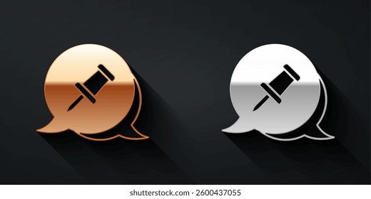 Gold and silver Push pin icon isolated on black background. Thumbtacks sign. Long shadow style. Vector