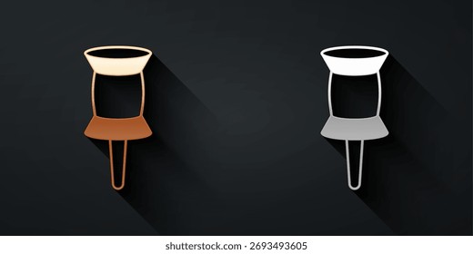 Gold and silver Push pin icon isolated on black background. Thumbtacks sign. Long shadow style. Vector