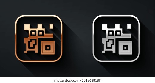 Amostra de código QR ouro e prata para ícone de digitalização de smartphone isolado no fundo preto. Estilo de sombra longa. Vetor