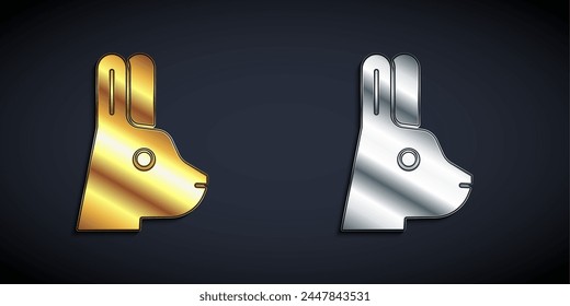 Gold and silver Rabbit with ears icon isolated on black background. Magic trick. Mystery entertainment concept. Long shadow style. Vector