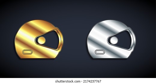Gold and silver Racing helmet icon isolated on black background. Long shadow style. Vector