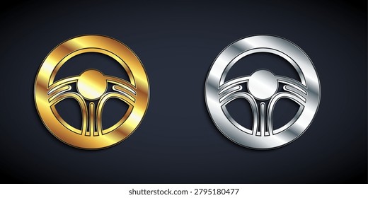 Gold and silver Racing steering wheel icon isolated on black background. Car wheel icon. Long shadow style. Vector