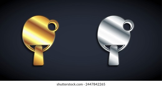 Gold and silver Racket for playing table tennis icon isolated on black background. Long shadow style. Vector