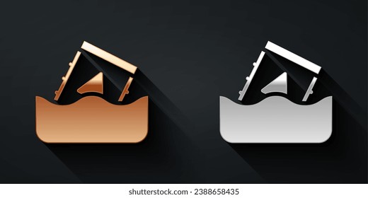 Gold and silver Radioactive waste in barrel icon isolated on black background. Toxic waste contamination on water. Environmental pollution. Long shadow style. Vector