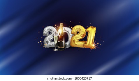 Gold and silver realistic figures 2021 Happy New year with a bottle of champagne on a blue colored background - foil balloons 2021 horizontal banner, New year 3D text background vector illustration