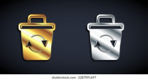 Gold and silver Recycle bin with recycle symbol icon isolated on black background. Trash can icon. Garbage bin sign. Recycle basket sign. Long shadow style. Vector