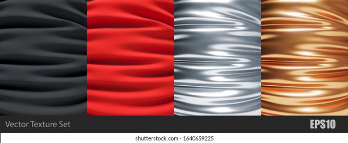 Gold, Silver, Red and Black Satin Silky Cloth,Fabric Textile Drape with Crease Wavy Folds. with soft waves and wrinkles,waving in the wind.Vector set of realistic textures