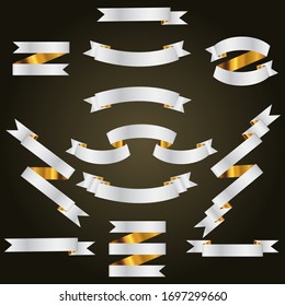 Gold and Silver Ribbon,  Set In Isolated For Celebration And Winner Award Banner Black Background, Vector Illustration can use for anniversary, birthday, party, event, holiday And religious day