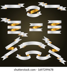Gold and Silver Ribbon,  Set In Isolated For Celebration And Winner Award Banner Black Background, Vector Illustration can use for anniversary, birthday, party, event, holiday And religious day