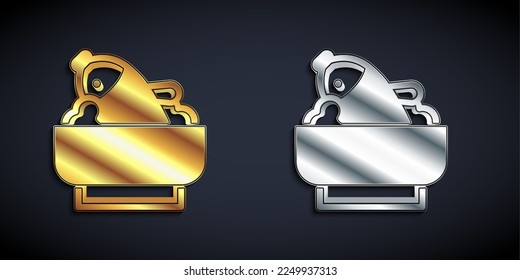 Gold and silver Rice with fish in a bowl icon isolated on black background. Traditional Asian food. Long shadow style. Vector