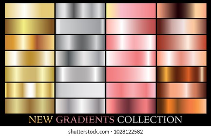 Gold silver rose bronze gradient set background vector icon texture metallic illustration for frame, ribbon, banner, coin and label. Realistic abstract golden design seamless pattern. Shine template