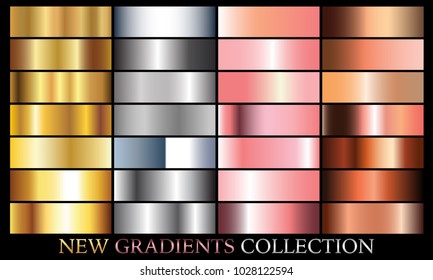 Gold silver rose bronze gradient set background vector icon texture metallic illustration for frame, ribbon, banner, coin and label. Realistic abstract golden design seamless pattern. Shine template