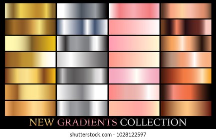 Gold silver rose bronze gradient set background vector icon texture metallic illustration for frame, ribbon, banner, coin and label. Realistic abstract golden design seamless pattern. Shine template