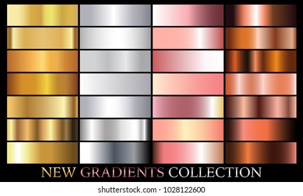 Gold silver rose bronze gradient set background vector icon texture metallic illustration for frame, ribbon, banner, coin and label. Realistic abstract golden design seamless pattern. Shine template