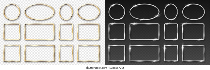 Gold and silver round frames set on transparent background. Golden and steel 3d realistic geometric circle and rectangular border with glow shine and light effect. Vector illustration