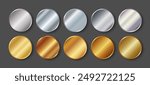 Gold and silver round medals. Vector set of realistic metallic round stickers or badges