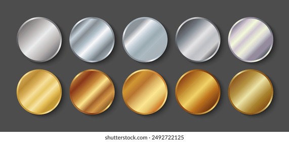 Gold and silver round medals. Vector set of realistic metallic round stickers or badges