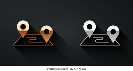 Gold and silver Route location icon isolated on black background. Map pointer sign. Concept of path or road. GPS navigator. Long shadow style. Vector