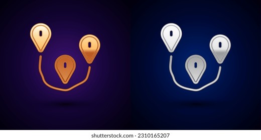 Gold and silver Route location icon isolated on black background. Map pointer sign. Concept of path or road. GPS navigator.  Vector