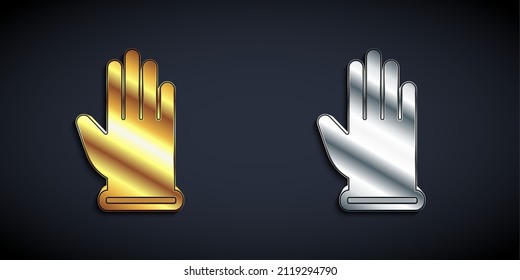 Gold and silver Rubber gloves icon isolated on black background. Latex hand protection sign. Housework cleaning equipment symbol. Long shadow style. Vector