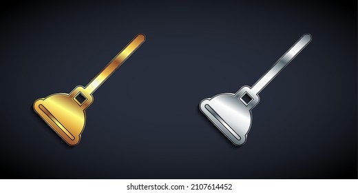 Gold and silver Rubber plunger with wooden handle for pipe cleaning icon isolated on black background. Toilet plunger. Long shadow style. Vector