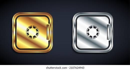 Gold and silver Safe icon isolated on black background. The door safe a bank vault with a combination lock. Reliable Data Protection. Long shadow style. Vector