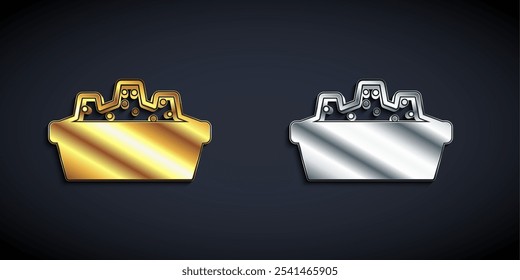 Gold and silver Sandbox for kids with sand icon isolated on black background. Long shadow style. Vector