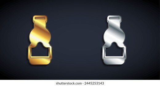 Gold and silver Sauce bottle icon isolated on black background. Ketchup, mustard and mayonnaise bottles with sauce for fast food. Long shadow style. Vector