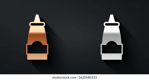 Gold and silver Sauce bottle icon isolated on black background. Ketchup, mustard and mayonnaise bottles with sauce for fast food. Long shadow style. Vector