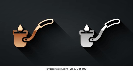 Gold and silver Sauna ladle icon isolated on black background. Long shadow style. Vector