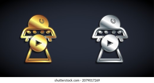 Gold and silver Science fiction icon isolated on black background. Sci fi movies, popular futuristic fantasy films. Cinema category. Flying saucer, UFO. Long shadow style. Vector