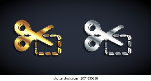 Gold and silver Scissors cuts discount coupon icon isolated on black background. The concept of selling in an online supermarket at low prices or half the cost. Long shadow style. Vector