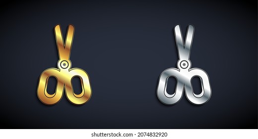 Icono de tijeras de oro y plata aislado en fondo negro. Símbolo sastre. Señal de herramienta de corte. Estilo de sombra larga. Vector