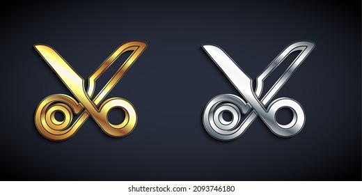 Gold and silver Scissors icon isolated on black background. Cutting tool sign. Long shadow style. Vector