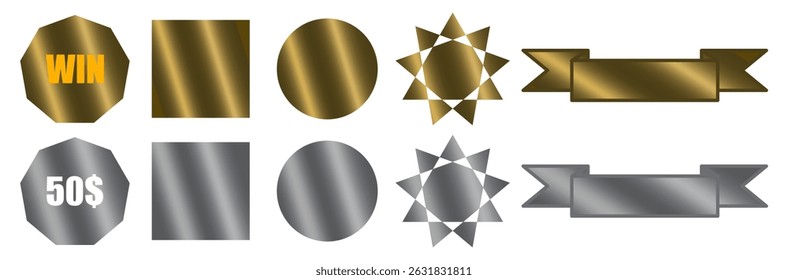 Gold Silver scratchcard surfaces with new and scraped textures with Win, Prize and money winning text. Set of winner lotto, sale coupons, jackpot scratch card templates. Vector realistic illustration.