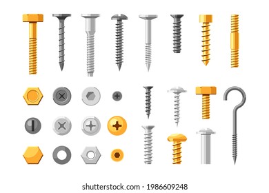 Gold and silver screw, nuts and bolt fixation tool big set. Workshop hardware for building, construction renovation and repair fixing element vector illustration isolated on white background