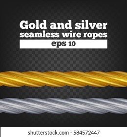 Gold and silver seamless wire ropes on a transparent background.Metallic cables vector set.Eps 10