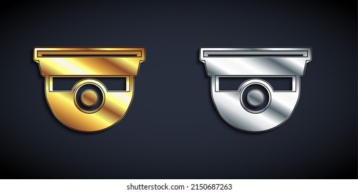 Gold and silver Security camera icon isolated on black background. Long shadow style. Vector