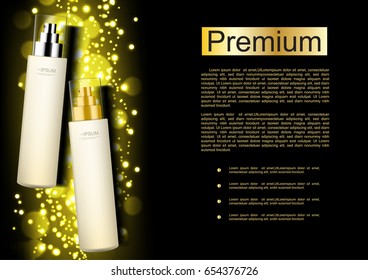 Gold and silver serum set with template and shining lights on dark background vector cosmetic ads
