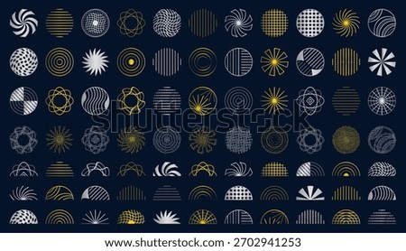 Gold and silver set of circles, semicircles and shiny halftone round symbols. Futuristic y2k vector radial shapes, golden and chrome sign collection