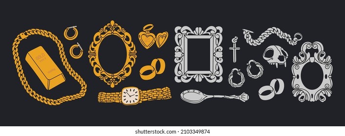 Gold and Silver set. Precious jewelry concept. Eearrings, engagement wedding rings, silver chain, bracelet, cross, spoon, elegant vintage frame, golden watch. Hand drawn modern Vector illustration