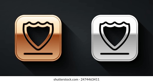 Gold and silver Shield icon isolated on black background. Guard sign. Security, safety, protection, privacy concept. Long shadow style. Vector