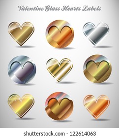 Gold and silver shine glass labels stickers for wedding backgrounds heart congratulations on Valentine's Day