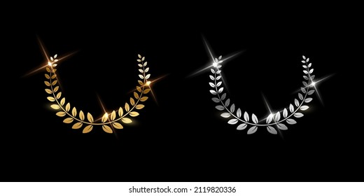 Gold And Silver Shiny Laurel Wreath Signs Isolated On Black Background. Vector Award Symbols